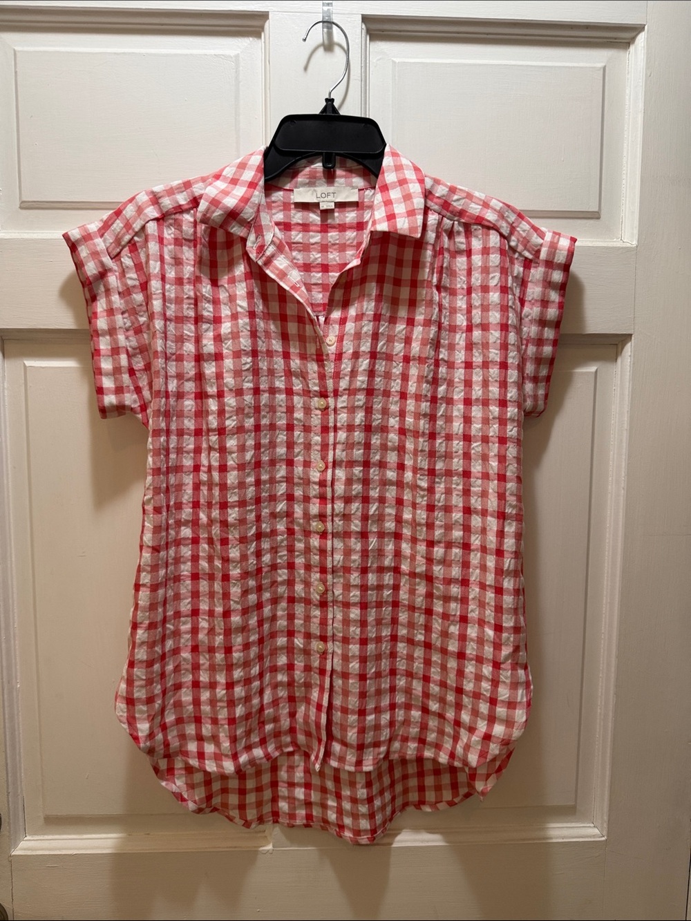 LOFT Pink and White Gingham Short-Sleeve Button Front Blouse